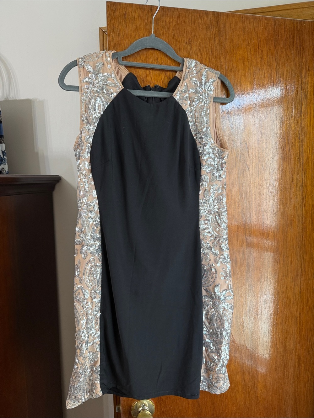 R&M Richards Black & Blush Sequin Midi Sheath Dress